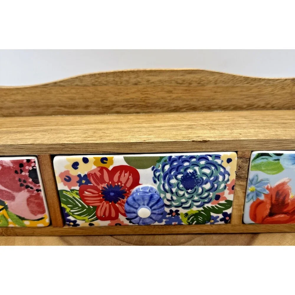 The Pioneer Woman Spice Rack Wood Shelf Ceramic 3-Drawers Bin Floral Melody
